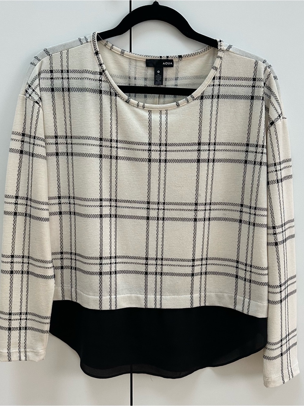 Aqua Cream Plaid Long Sleeve Top with Black Layered Hem